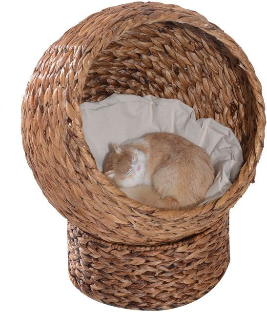 PawHut Katzenhöhle aus Wasserhyazinthe in Braun mit Flanell-Kissen, B/H/T: 42 x 60 x 50 cm - Bild 1