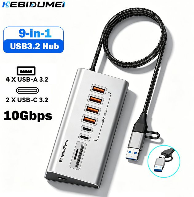 KEBIDUMEI USB 3.2 Hub 9 in 2 Dockingstation mit 10Gbps, Aluminium Typ C zu USB 3.2 und SD TF Kartenleser, Silber - Bild 1