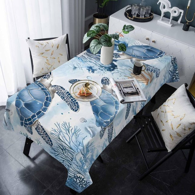 Wasserdichte Tischdecke von JMG Household Supplies mit Ozeanblau Korallenmeer und Schildkröte Motiv, Rechteckig, B/B: 140 x 140 cm - Bild 1
