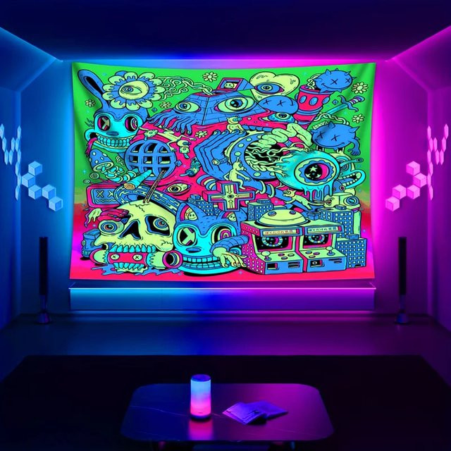VIKAMA UV-reaktiver psychedelischer Wandteppich mit Abstract-Cartoon-Design in Multicolour zur Schlafzimmerdekoration - Bild 1