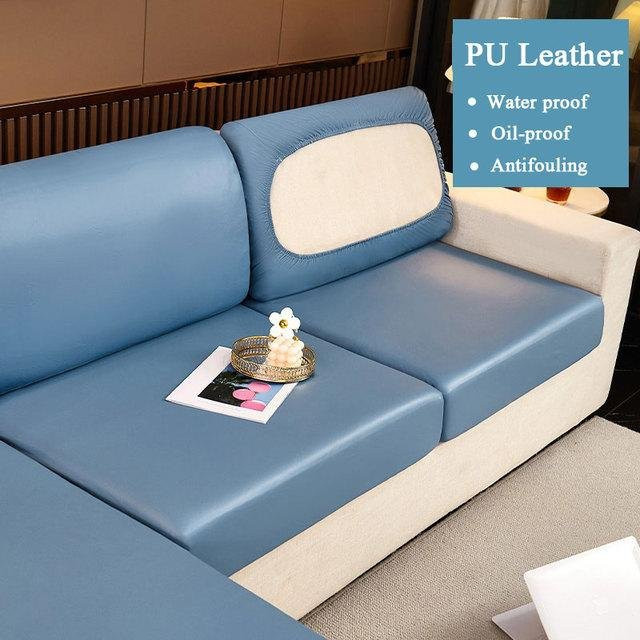 Wasserabweisende und rutschfeste Sofasitzkissenhülle aus PU-Leder und Plüsch in Blau mit elastischem Halbbezug-Design - Bild 1