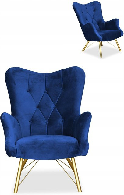 Skandinavischer Ohrensessel Luna von Family Möbel in Indigoblau und Kornblumenblau, gesteppt mit Muschel-Design - Bild 1