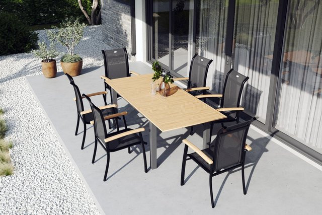 OUTFLEXX Garten-Essgruppe aus Aluminium und Textilene in Anthrazit mit 6 Sesseln, ausziehbar und witterungsbeständig - Bild 1