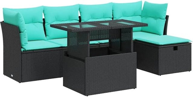 vidaXL 6-teilige Garten-Sofagarnitur in L-Form aus schwarzem Poly-Rattan mit wetterfesten Kissen und pulverbeschichtetem Stahlgestell - Bild 1