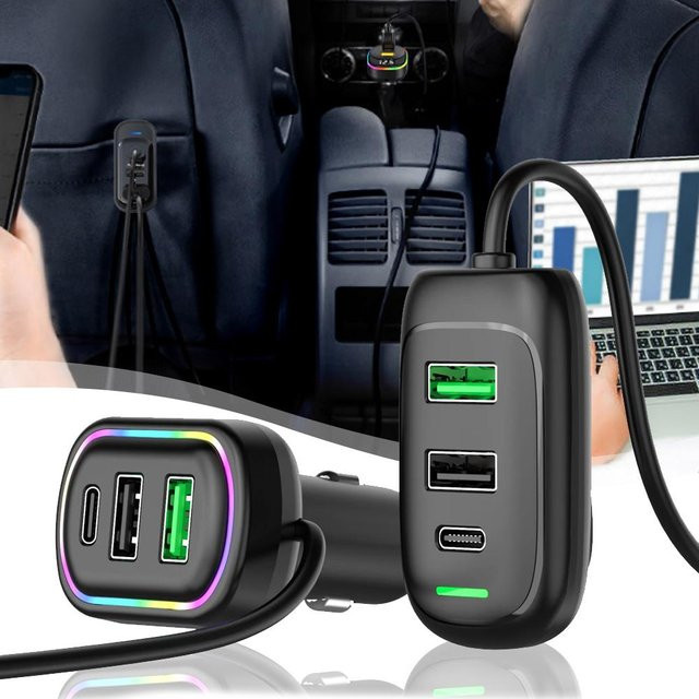 USB Typ-C Autoladegerät mit 6 Ports und RGB-Licht, PD Schnelllade-Netzteil für Telefon und Tablet, Schwarz - Bild 1