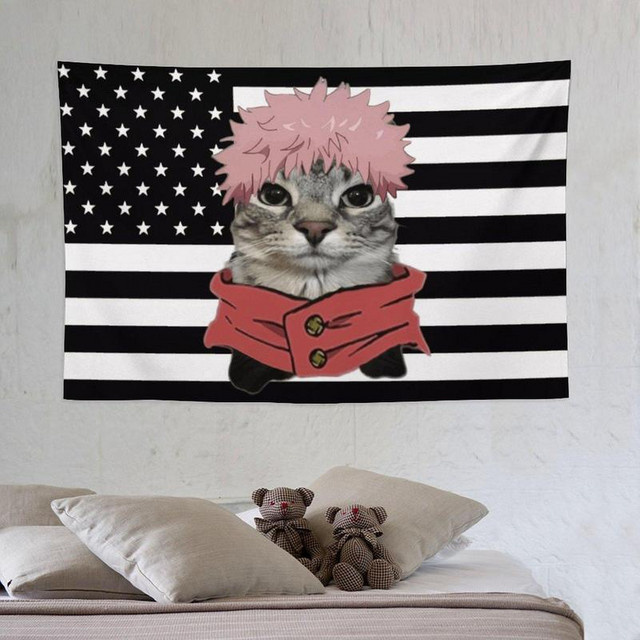 VIKAMA Anime Wandteppich mit Katzenmotiv und amerikanischer Flagge, bunter Wandbehang für Schlafzimmer und Schlafsäle, B/H: 60 x 40 cm - Bild 1