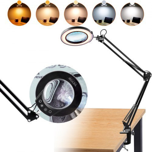 VEVOR Vergrößerungsglas mit LED-Licht, 5-fache Vergrößerung, 10,9 cm Linse, dimmbar mit 5 Farbmodi, Schwarz - Bild 1