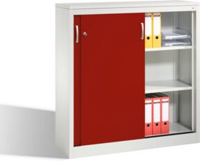 C+P Akten-Sideboard Acurado mit Schiebetüren und Schloss, Front Rubinrot, Korpus Lichtgrau, H: 120 cm, B: 120 cm, T: 40 cm - Bild 1