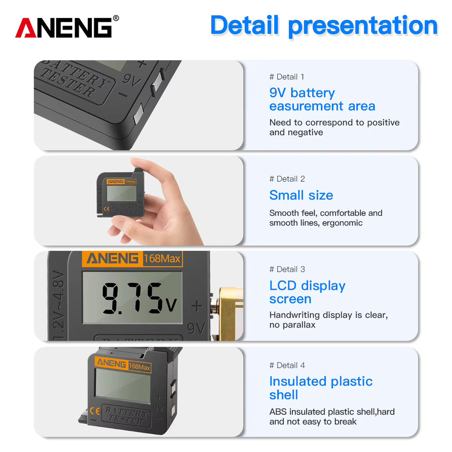 ANENG 168MAX Batterietester mit Digitalanzeige für C-, D-, AA-, AAA- und Knopfzellen in Schwarz - Bild 5