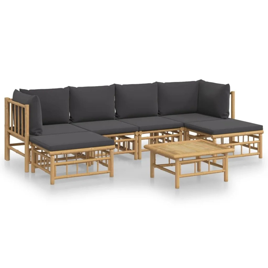 vidaXL 7-tlg Garten-Lounge-Set aus Bambus mit dunkelgrauen Kissen in U-Form - Bild 2