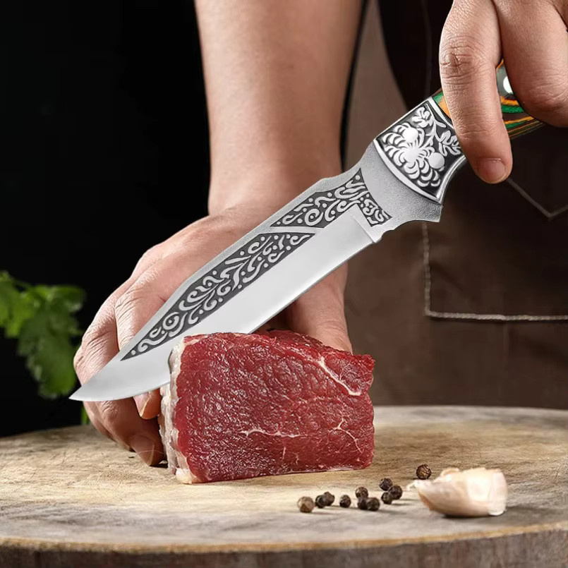 InLeung Handgeschmiedetes Ausbeinemesser aus Edelstahl mit Holzgriff und Scheide, Silber - Bild 5