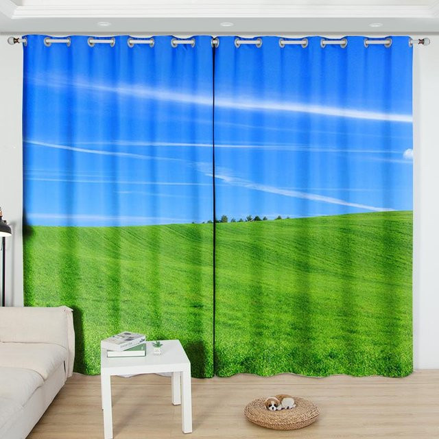 Yiran Furniture Vorhänge mit touristischem Landschaftsmotiv in Grün und Blau, 2er-Set halbverdunkelnd aus Polyester, B: 120 cm, H: 50 cm - Bild 1