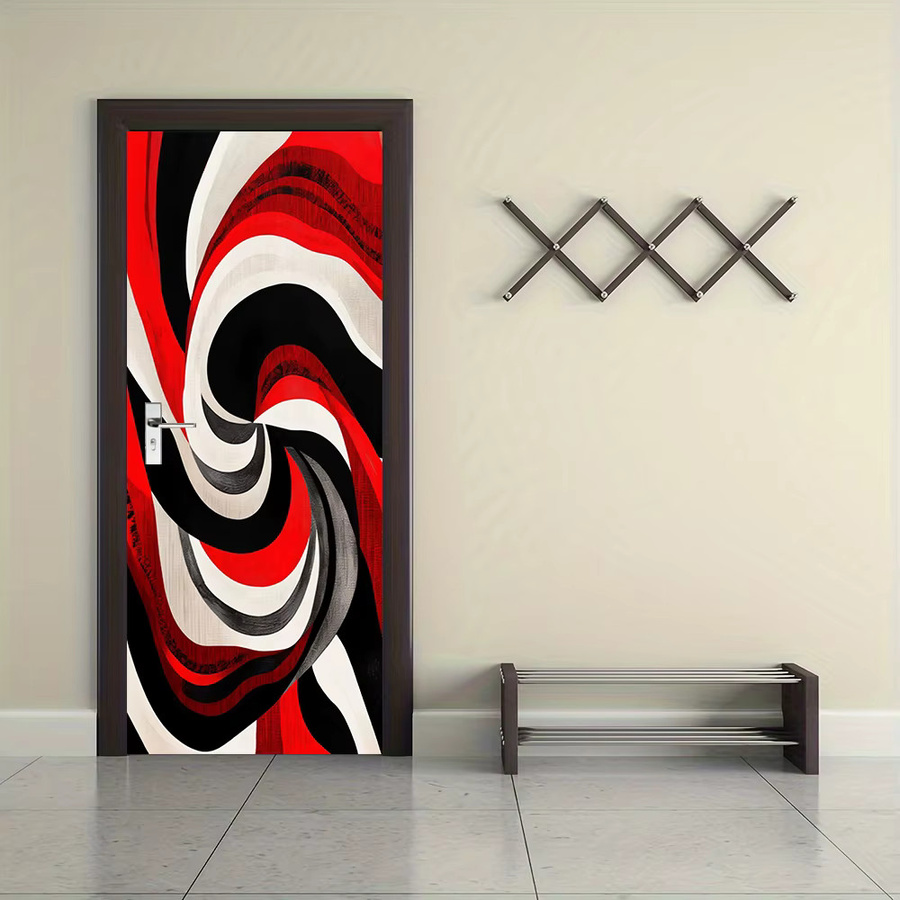 Selbstklebender Vinyl-Türaufkleber mit modernem abstrakten Kunstdesign und geometrischem Wirbel in Rot, Schwarz und Weiß - Bild 2