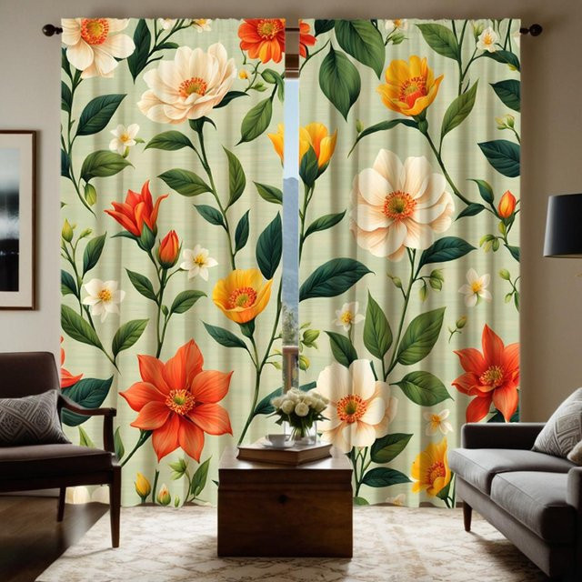 2er-Set Vorhang mit grünem Blätter- und Blumenmuster im pastoralen Design, digital bedruckt, Farbe: Grün/Schwarz/Mehrfarbig, B: 132 cm, H: 160 cm - Bild 1