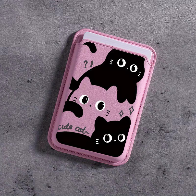 Leder-Handyhülle mit Cartoon-Katzenmuster und magnetischem Kartenhalter in Schwarz - Bild 2