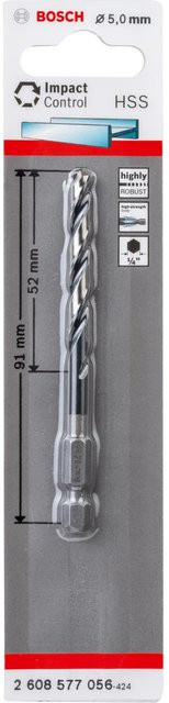 Bosch HSS-Spiralbohrer Impact Control aus Stahl in Silber, Durchmesser: 5 mm, Länge: 91 mm, Gesamtlänge: 52 mm - Bild 1
