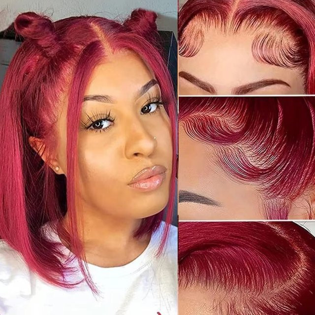 Cecycocy Bob-Perücke, Burgunderrot, 13x4 HD transparente Spitzenfront, Damen - Bild 1