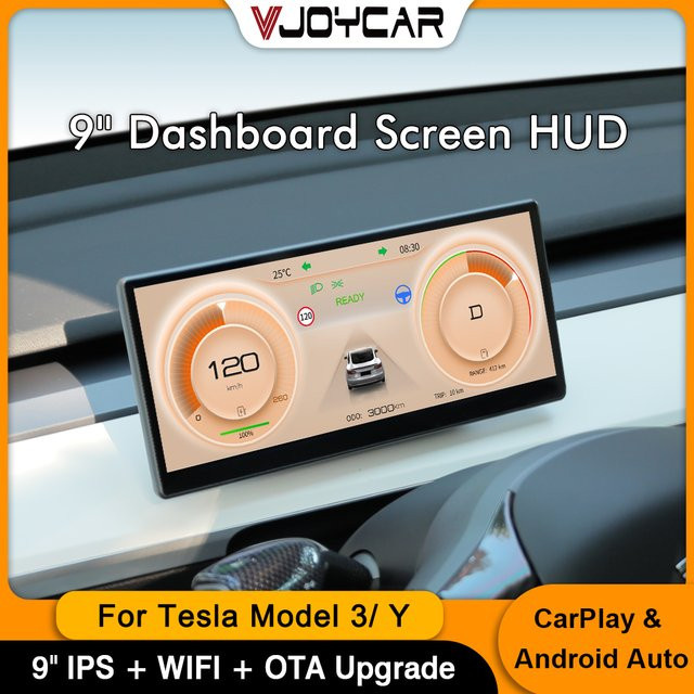 Vjoycar Smart Display für Tesla Model 3 und Model Y mit 9 Zoll Digital HUD Dashboard, CarPlay und Android Auto, Schwarz - Bild 1