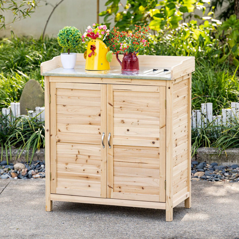 Outsunny Gartenschrank aus Fichtenholz mit Unterschrank und 2 Einlegeböden in Natur Braun und Beige - Bild 2