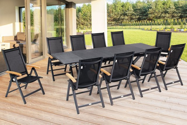 OUTFLEXX Garten-Essgruppe aus Aluminium und Teakholz in Anthrazit Matt mit ausziehbarem Tisch und 10 Klappstühlen, Tisch Breite: 180 cm bis 280 cm, Tiefe: 100 cm, Höhe: 78 cm - Bild 1