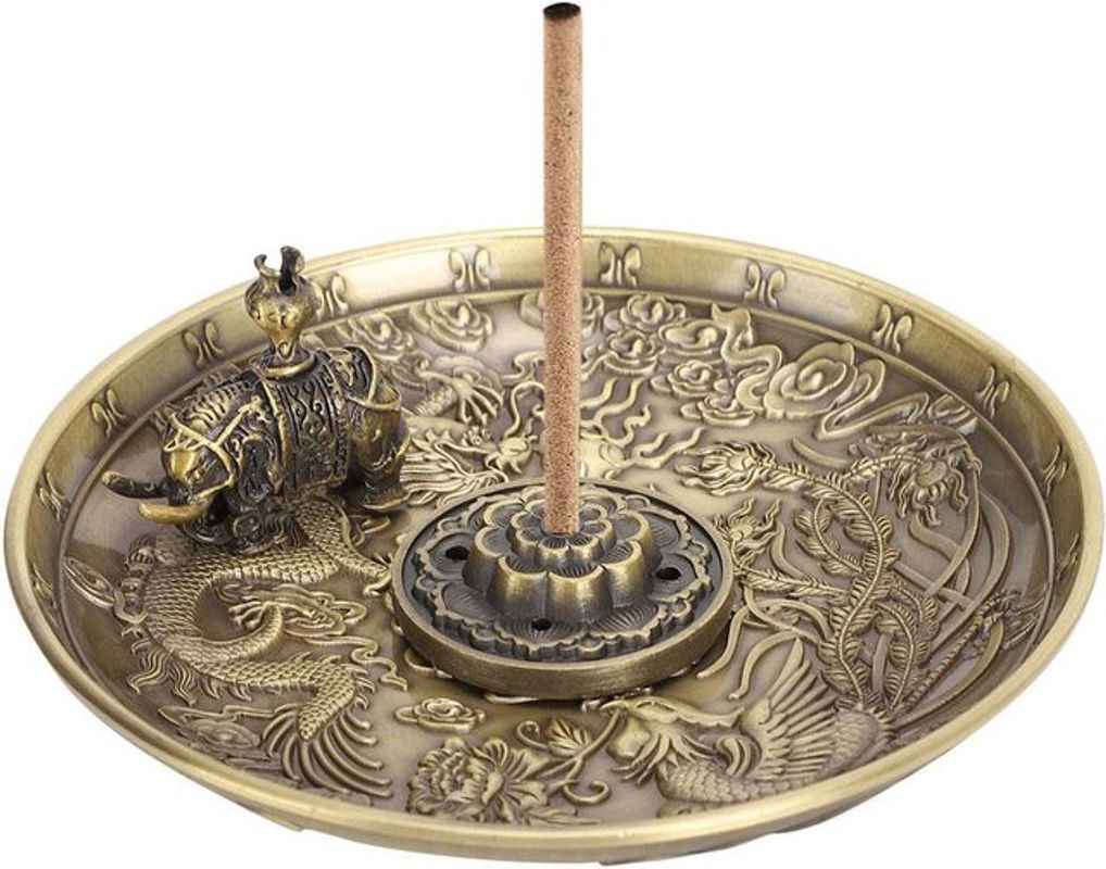 Tooarts Räuchergefäß Drache und Phönix in Gold, Vintage Metall Stäbchenhalter mit Lotus und Elefant für die Heimverehrung, Durchmesser: 10,8 cm, Höhe: 1,8 cm - Bild 1