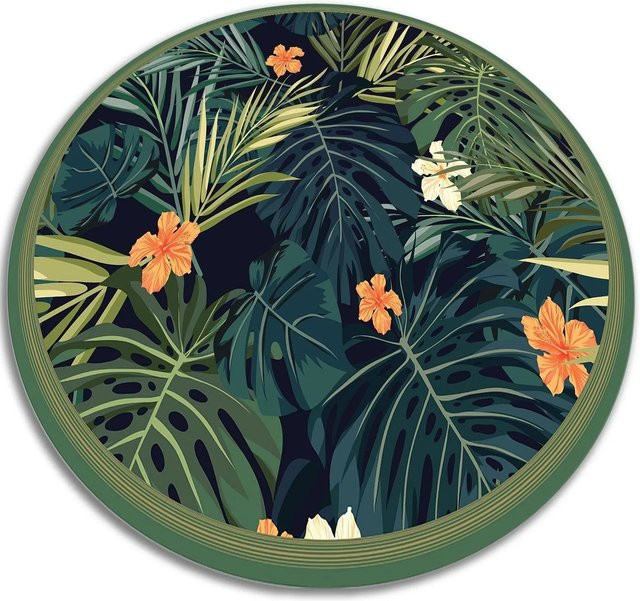 Tulup Teppich Tropische Blätter Rund, Schwarz/Mehrfarbig, Durchmesser: 90 cm, PVC-Bodenmatte mit floralem Design - Bild 1