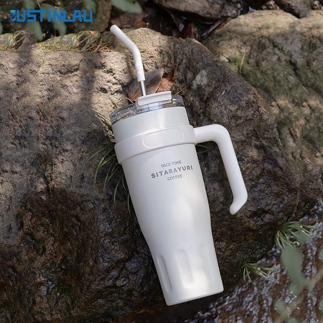 JUSTINLAU Edelstahl-Eisbecher mit Griff und Strohhalm, isolierter Thermobecher für Outdoor und Reisen, 1,1 l, Silber/Schwarz - Bild 1
