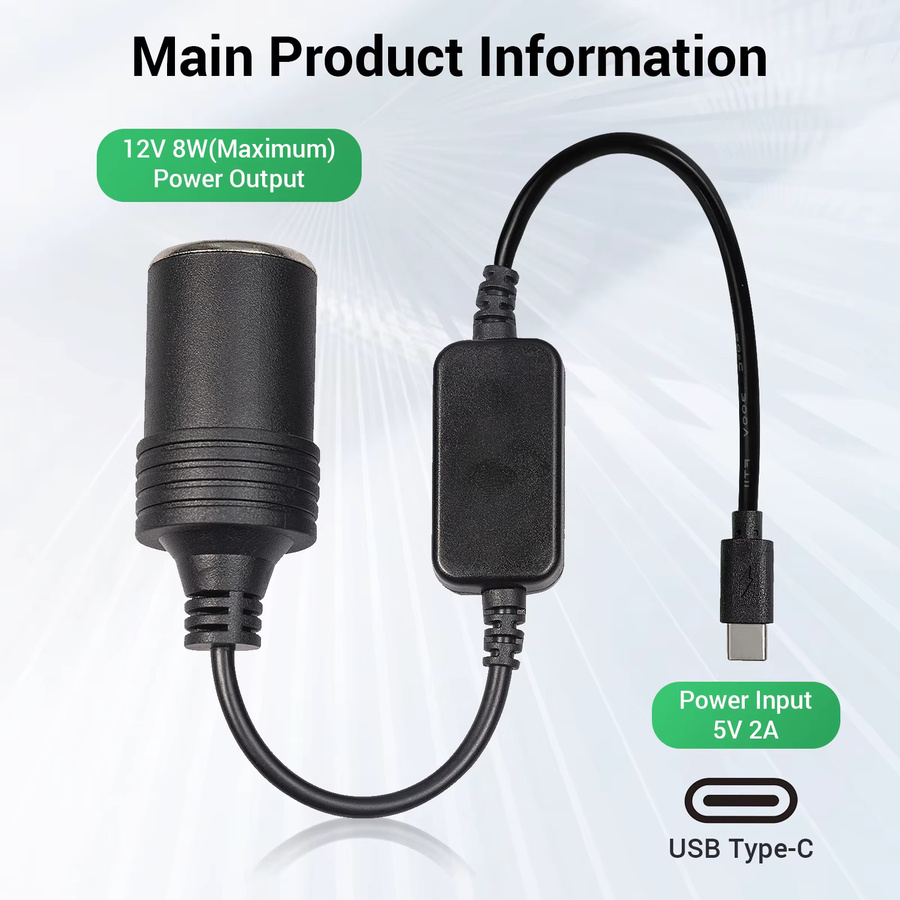 WYMECT USB-C auf Auto-Zigarettenanzünder-Adapter Step-Up-Kabel für 9 V und 12 V, Schwarz - Bild 2