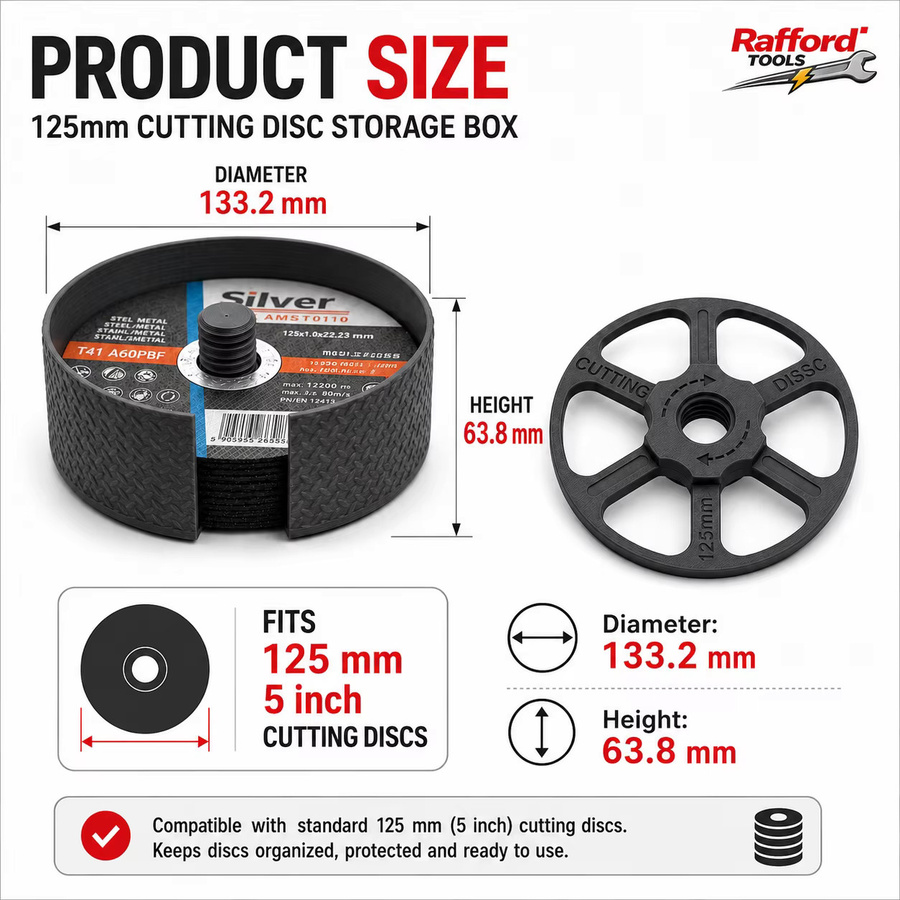 Rafford Aufbewahrungsbox für 125mm Trennscheiben, Stapelbarer Scheibenhalter Organizer für 5 Zoll Winkelschleifer, Schwarz - Bild 3