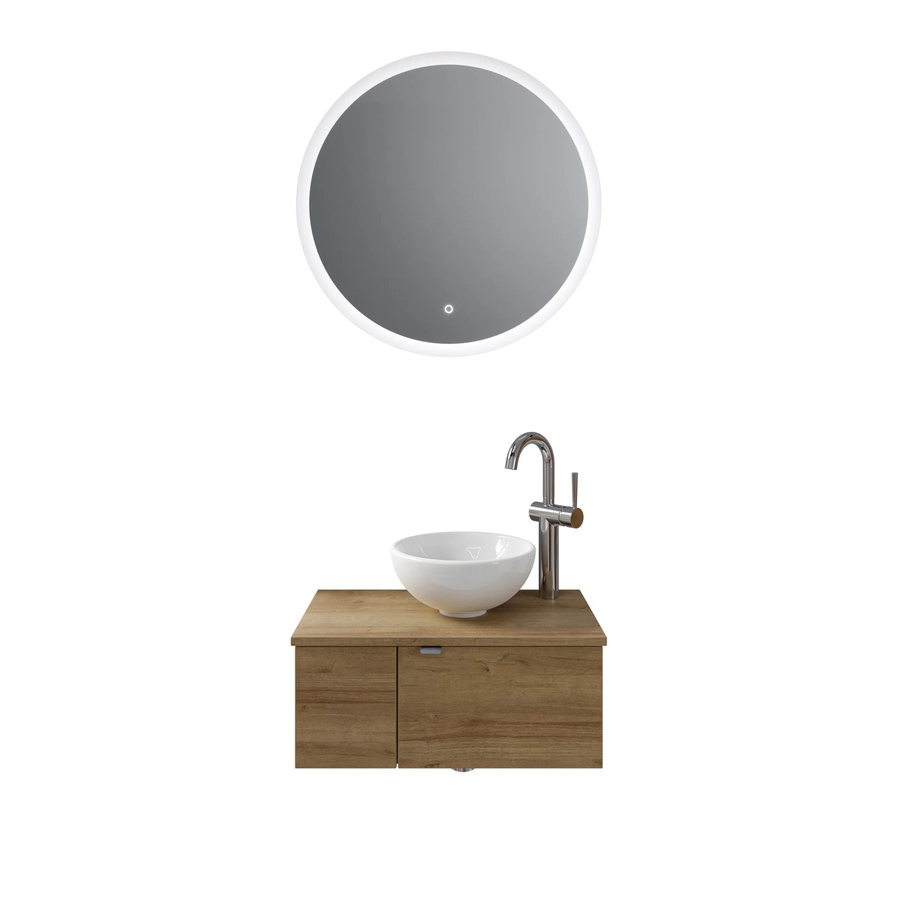 Pelipal Badmöbel-Set Serie 6915 Riviera Eiche in Braun mit Keramik Aufsatzbecken, Waschtischunterschrank und Funktionsspiegel mit LED-Beleuchtung und Sensor-Schalter, Breite: 70 cm - Bild 2