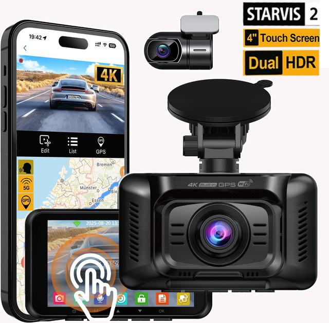 HUPEJOS 4K Dashcam Dual-System vorne und hinten mit Starvis 2 DualHDR, 4 Zoll Touchscreen, integriertem GPS, 5G WiFi und Sprachsteuerung in Schwarz - Bild 1