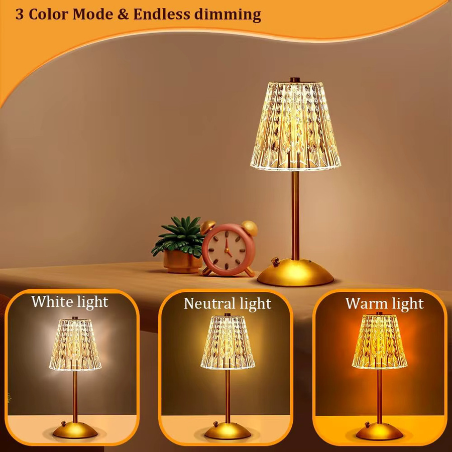 DBF Kabellose LED-Tischlampe aus Kristall und Metall in Gold, stufenlos dimmbar mit Touch-Funktion und wiederaufladbarem Akku - Bild 3