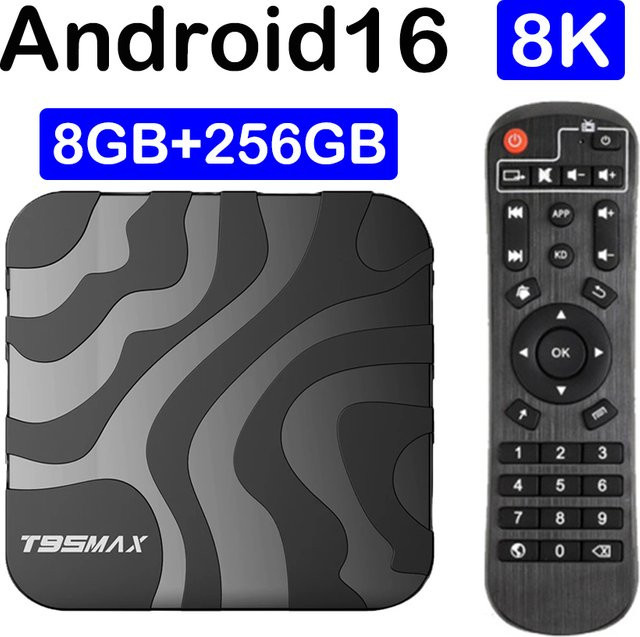 Android Smart TV Box T95 Max Media Streamer mit Android 16, Google Assistant, Allwinner H618 Quad Core, Dual WLAN 5G/WLAN6 und Bluetooth 6.0 in Schwarz - Bild 1