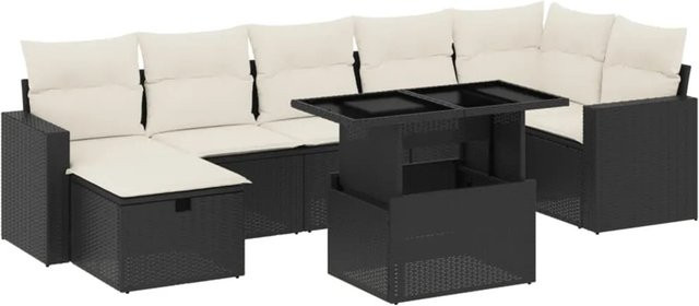 vidaXL 8-tlg. Garten-Sofagarnitur in L-Form mit Kissen und Couchtisch, Schwarz, Poly-Rattan und Metall - Bild 1