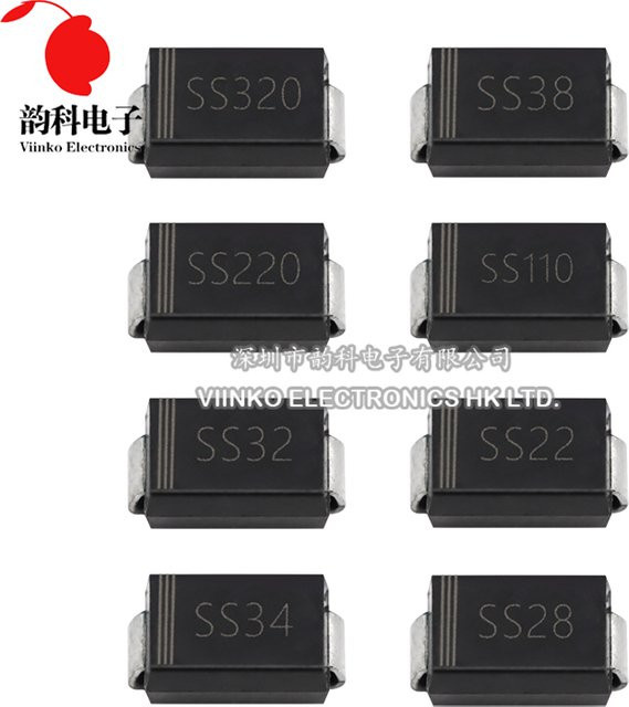 100 Stück SMA Schottky Gleichrichter-Dioden Set in Schwarz, verschiedene Modelle SS12 bis SS510, Gehäuse DO-214AC - Bild 1