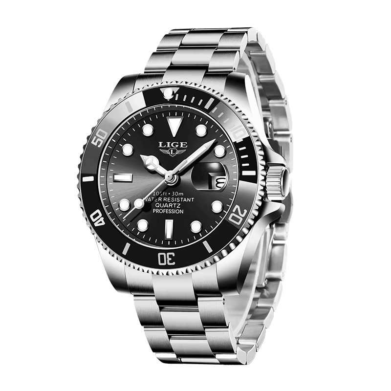 LIGE Armbanduhr Quarz, Edelstahl, Schwarz, Silber, Herren - Bild 6