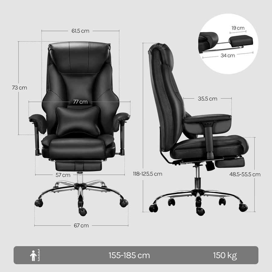 WOLTU Drehbarer ergonomischer Bürostuhl aus Kunstleder mit Kopfstütze und Armlehnen, höhenverstellbarer Chefsessel in Schwarz oder Braun - Bild 4