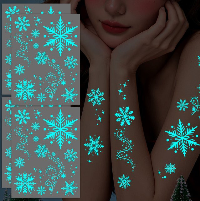 ROCOOART Magic Blue Schneeflocken-Tattoos, 4 Blatt, im Dunkeln leuchtend - Bild 1