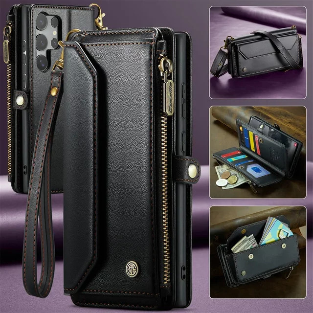 Handyhülle aus PU-Leder für Samsung Galaxy S26 S25 S24 S23 Ultra Plus FE A17 A57 A37 A36 A56 5G mit Riemen, Reißverschluss und Kartenfach in Schwarz - Bild 1