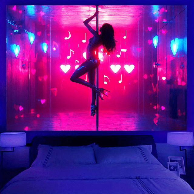 VIKAMA Wandteppich im Pole Dance Nachtclub-Stil in Puderblau mit herzförmigen Noten als ästhetischer Hintergrund für deinen Themenraum - Bild 1