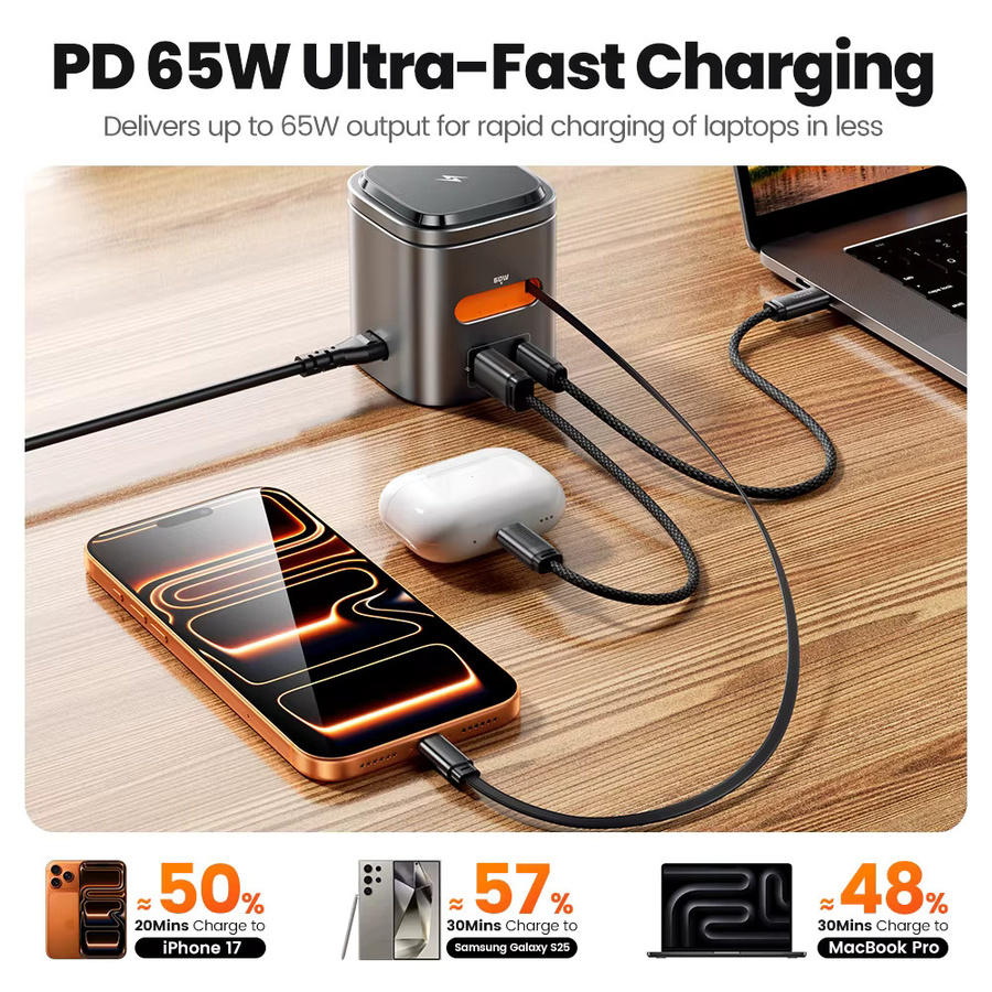 Toocki 80 W 6-in-1 GaN Ladestation mit 15 W MagSafe, 65 W PD und integriertem 60 W Kabel für iPhone und MacBook - Bild 3