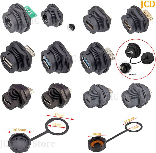 E16 Wasserdichte Einbaubuchse mit Schnallen-Anschluss und Staubschutzkappe in Schwarz für HDMI, USB-C und Micro USB - Bild 1