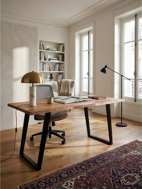 KADIMA DESIGN Schreibtisch aus Massivholz Akazie mit U-Gestell, Farbe Braun, B/T/H: 160 x 80 x 76 cm - Bild 1