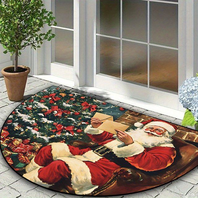 VIKAMA Weihnachtsteppich mit Weihnachtsmann Motiv, halbrunde Fußmatte, maschinenwaschbar, ideal für Veranda, Wohnzimmer, Schlafzimmer oder Badezimmer - Bild 1