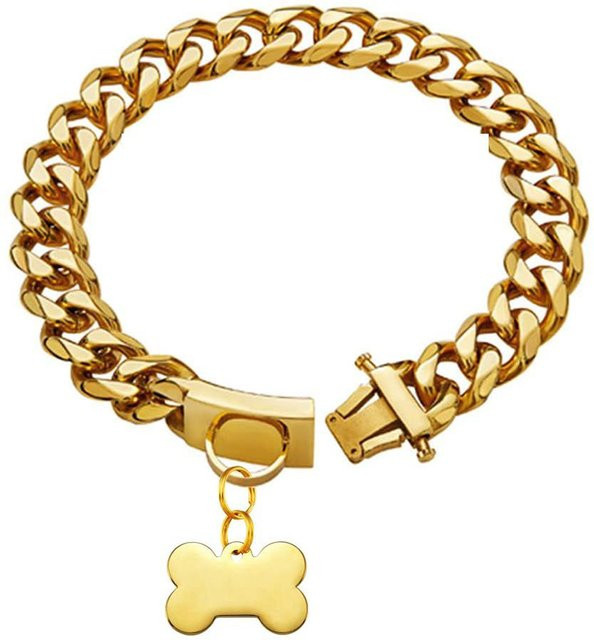 Hundehalsband Edelstahl, Kubanische Gliederkette, Knochen-ID-Anhänger, 70 cm - Bild 1