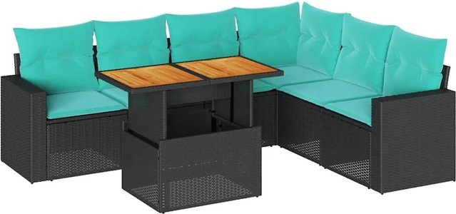 vidaXL 7-teilige Garten-Sofagarnitur in L-Form aus Poly-Rattan und pulverbeschichtetem Stahl mit blauen Kissen in Schwarz - Bild 1