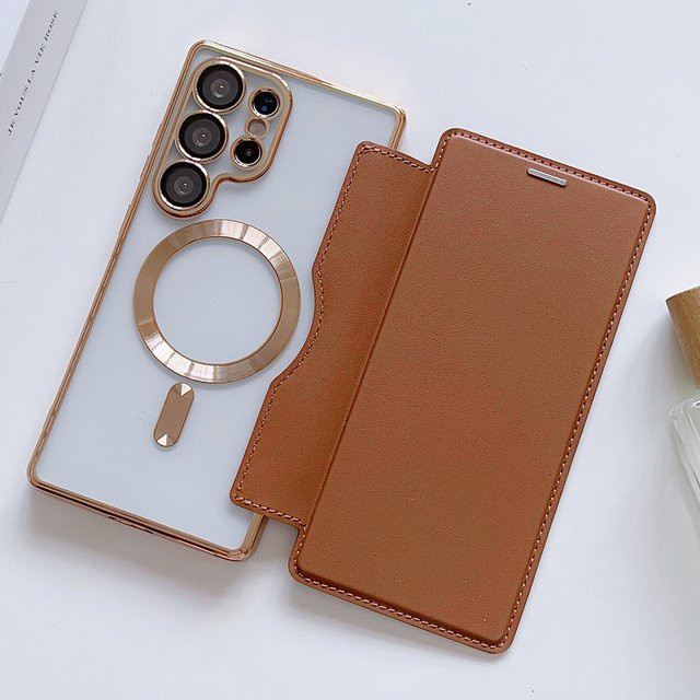 Magnetische Flip Cover Klapphülle mit Kartenfach für Samsung Galaxy S25 Ultra, S26, S24 FE, S23 und S22 Plus in Transparent oder Grün - Bild 1