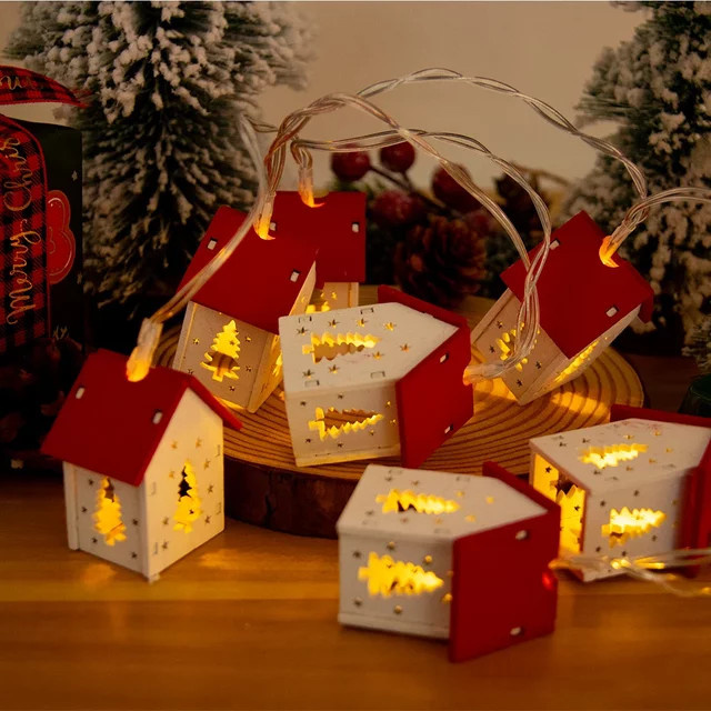 LED Holz Haus Lichterkette Warmweiß als Weihnachtsbaum Ornament und Dekoration - Bild 1