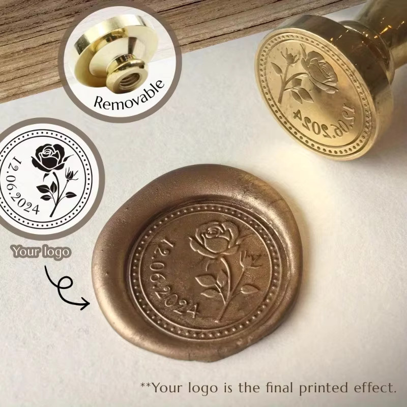 Personalisierter Wachssiegelstempel aus Messing mit 2 Initialen und Ornament-Kranz in Gold für Umschläge, Hochzeiten und Einladungen - Bild 3