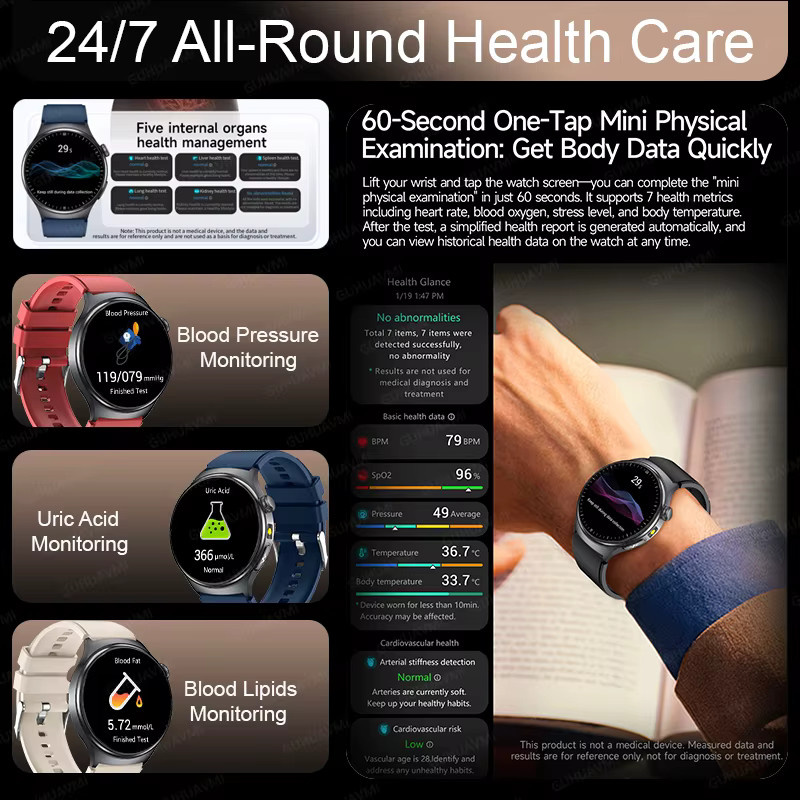 GUHUAVMI Smartwatch mit Körperfettanalyse, EKG, PPG, Blutdruck- und Blutsauerstoffmessung sowie Anruffunktion, Saphirglas-Display, Unisex, Schwarz oder Beige - Bild 4